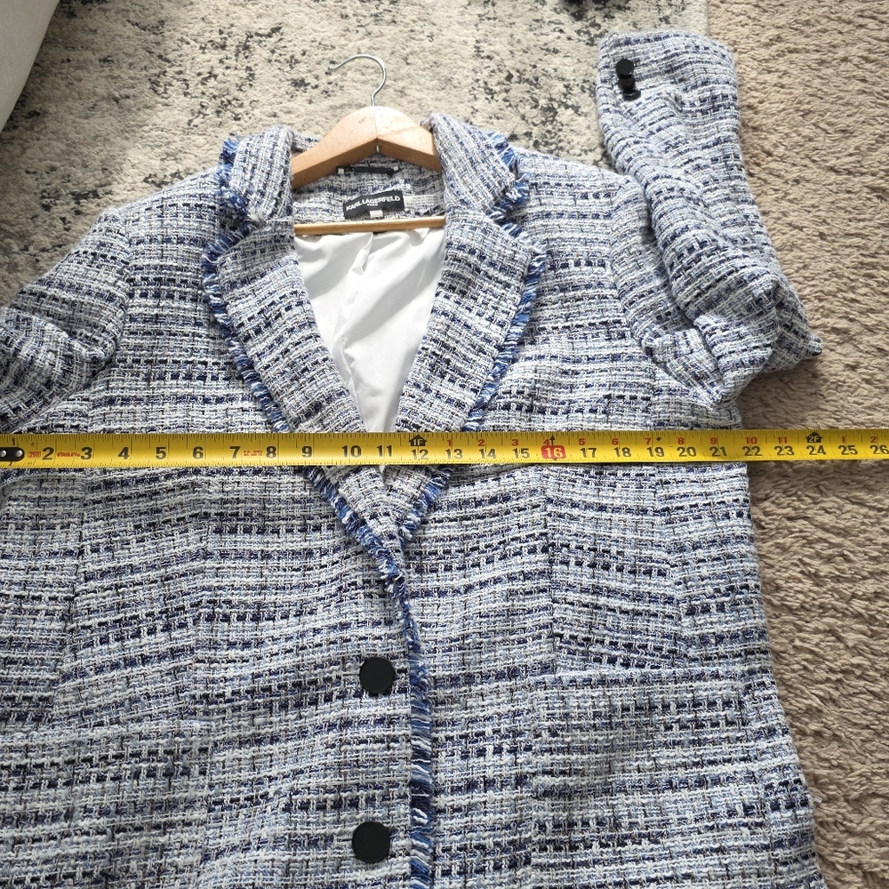 Karl Lagerfeld Tweed Blazer Jacket Womens 14 Blue White Preppy Academia Chic - Picture 7 of 8